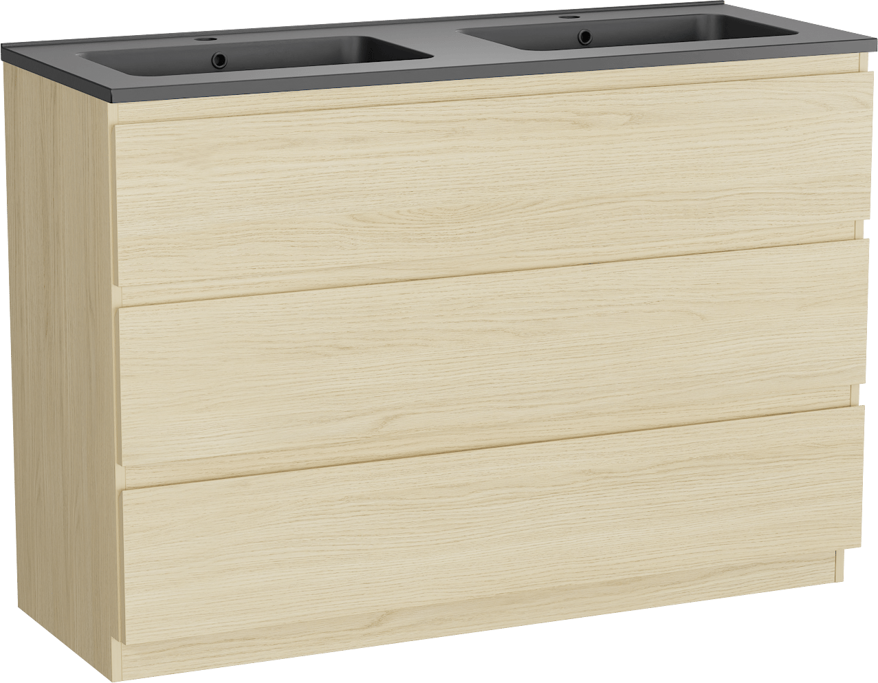 Linie Lado freistehendes Möbelstück Set: 120 x 46 cm, Skandinavische Eiche, mit Vano Doppelwaschtisch, Marmorkomposit Schwarz matt