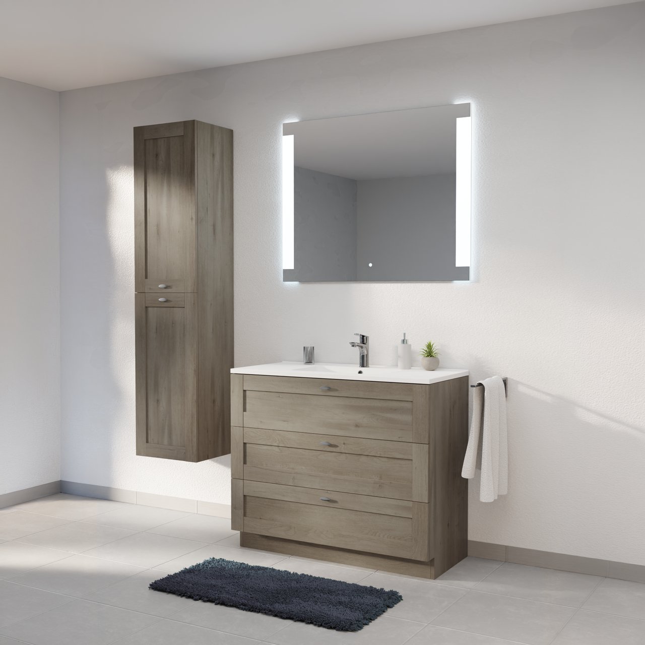 Linie Classo staand badkamermeubel 100 x 46 cm grijze eik met Vano enkele wastafel in composietmarmer glanzend wit