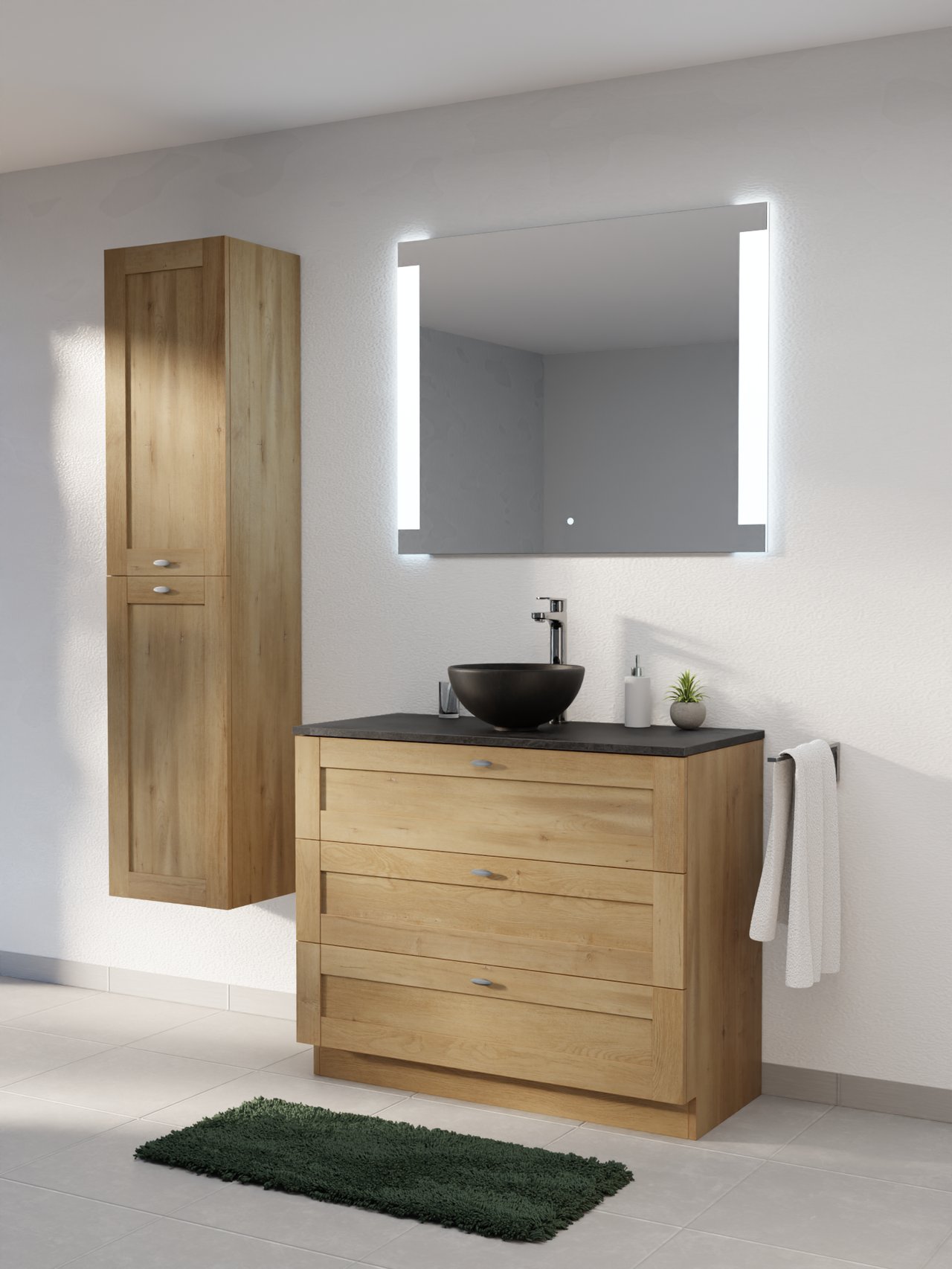 Linie Classo staand badmeubel 100 x 46 cm naturel eiken met Lado enkel of dubbel wastafelblad in melamine grijze leisteen