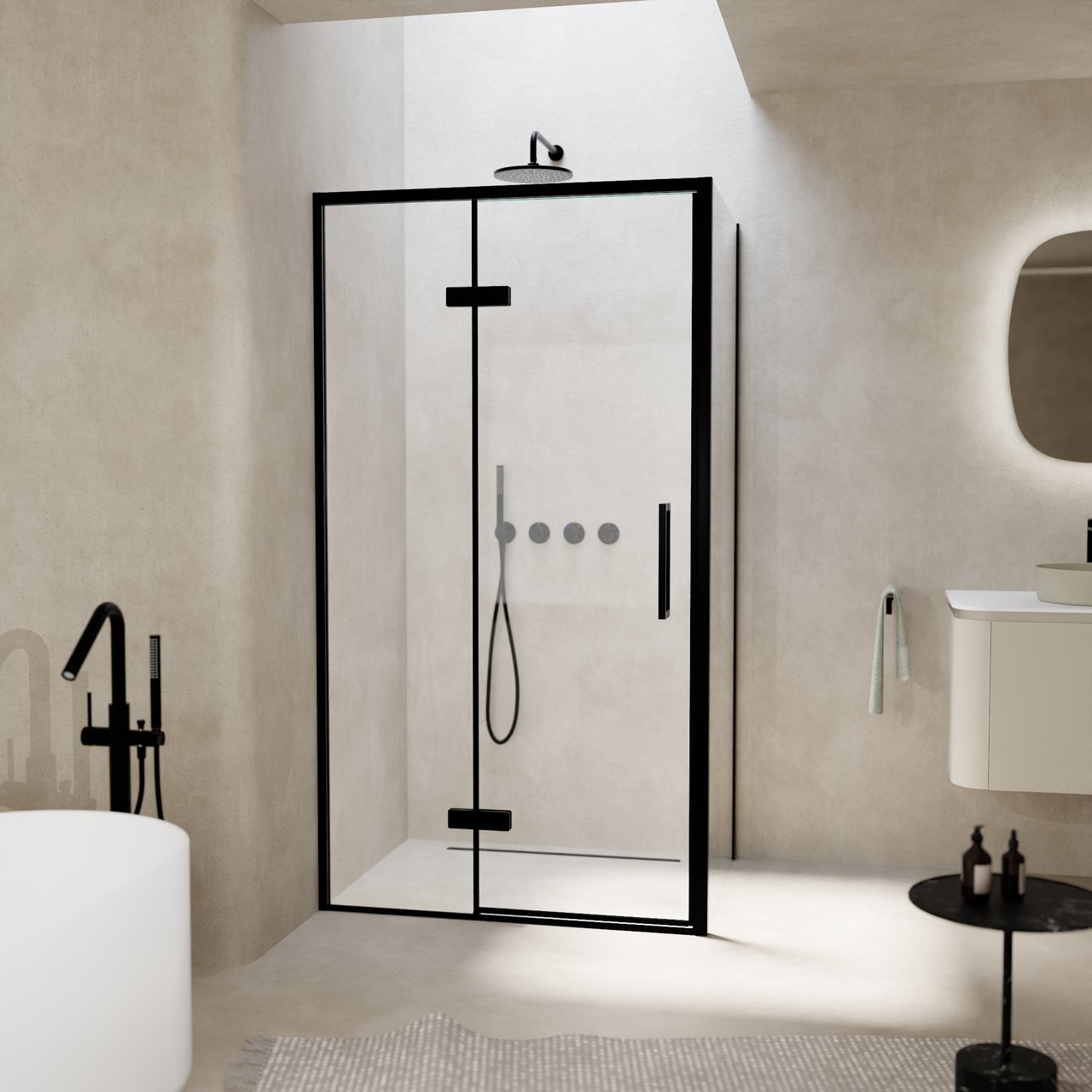 Balmani Senses Design douche d'angle avec porte pivotante à gauche et paroi latérale fixe, 100 x 80 cm, Verre transparent, Profil noir