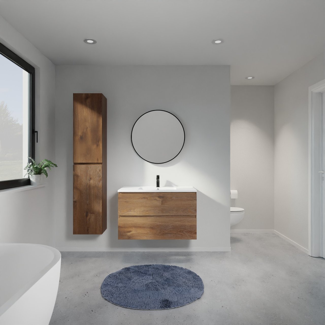 Linie Lado meuble salle de bains suspendu 90 x 46 cm chêne brun avec Vano plan simple en marbre composite blanc brillant