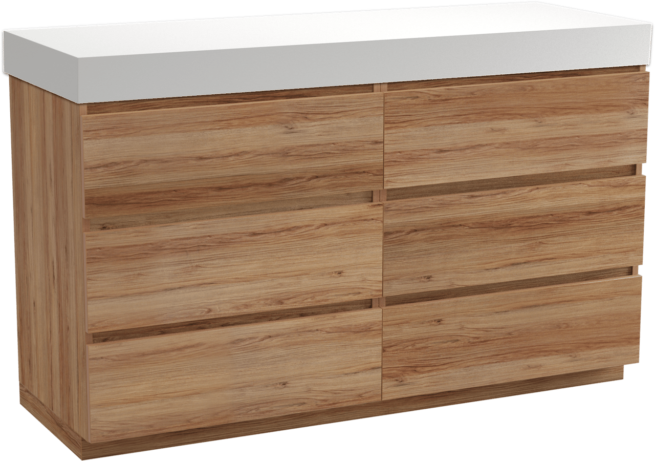 Balmani Lucida meuble salle de bains à poser 150 x 55 cm teck avec Dominus tablette simple ou double en solid surface blanc mat