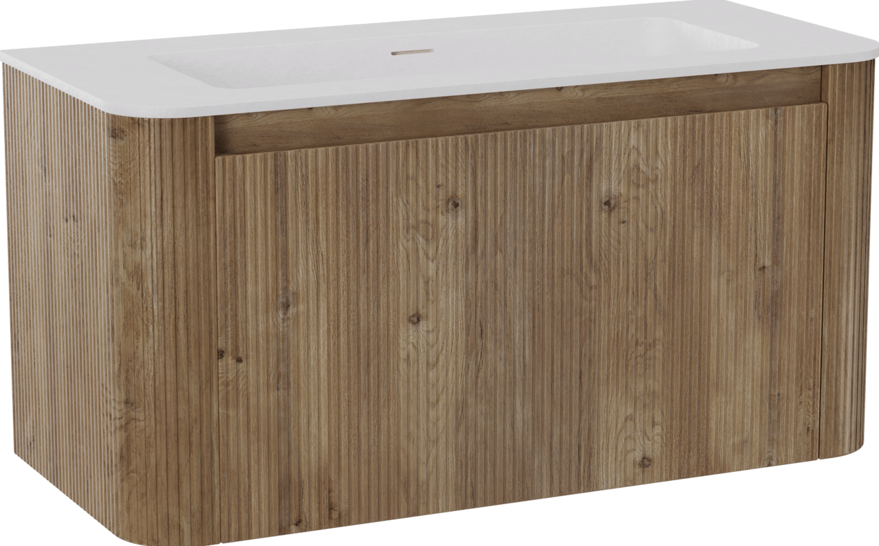 Storke Soft meuble salle de bains suspendu 100 x 46 cm chêne brut avec Mata Soft plan simple en Solid Surface blanc mat, Nervure droite symétrique verticale