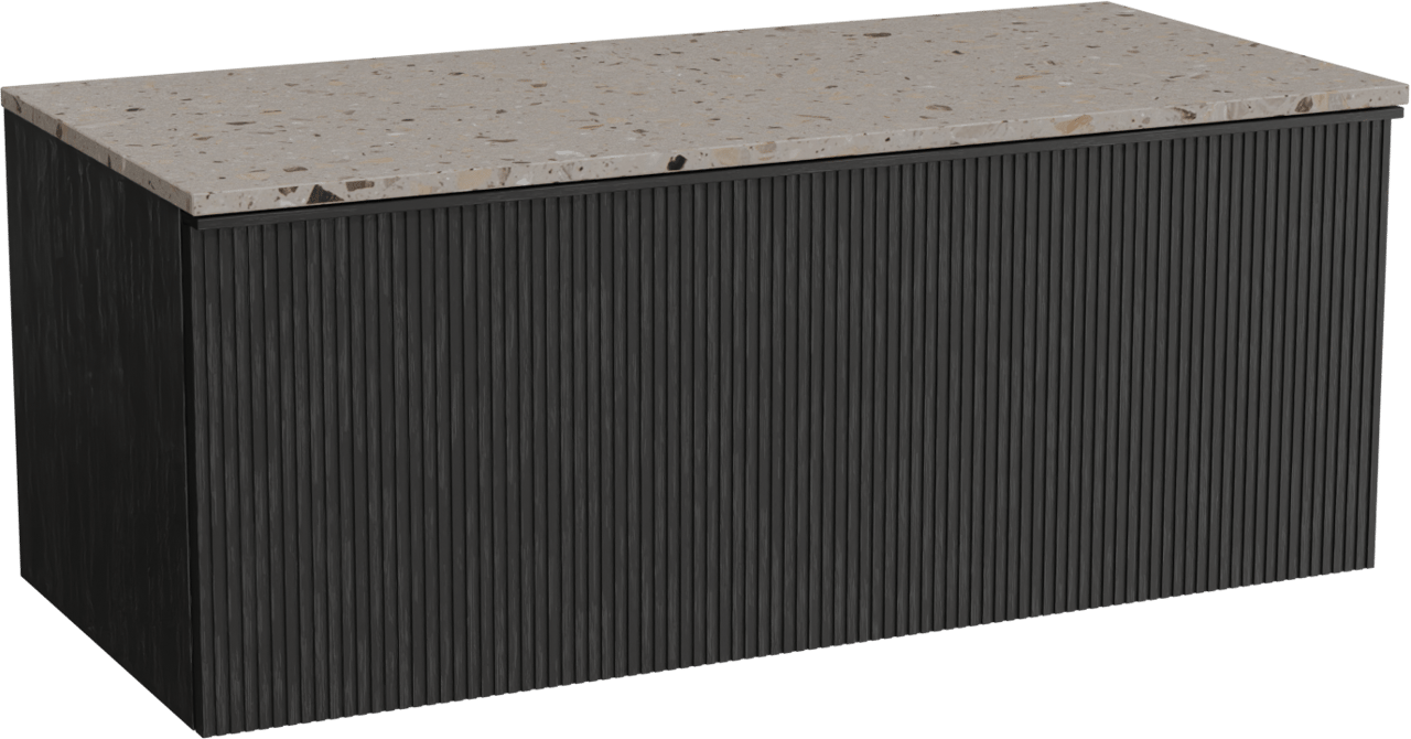 Balmani Forma zwevend badkamermeubel 120 x 55 cm zwarte eik met Stretto enkel of dubbel tablet in terrazzo greige terrazzo, Verticale symmetrische rechte ribbel