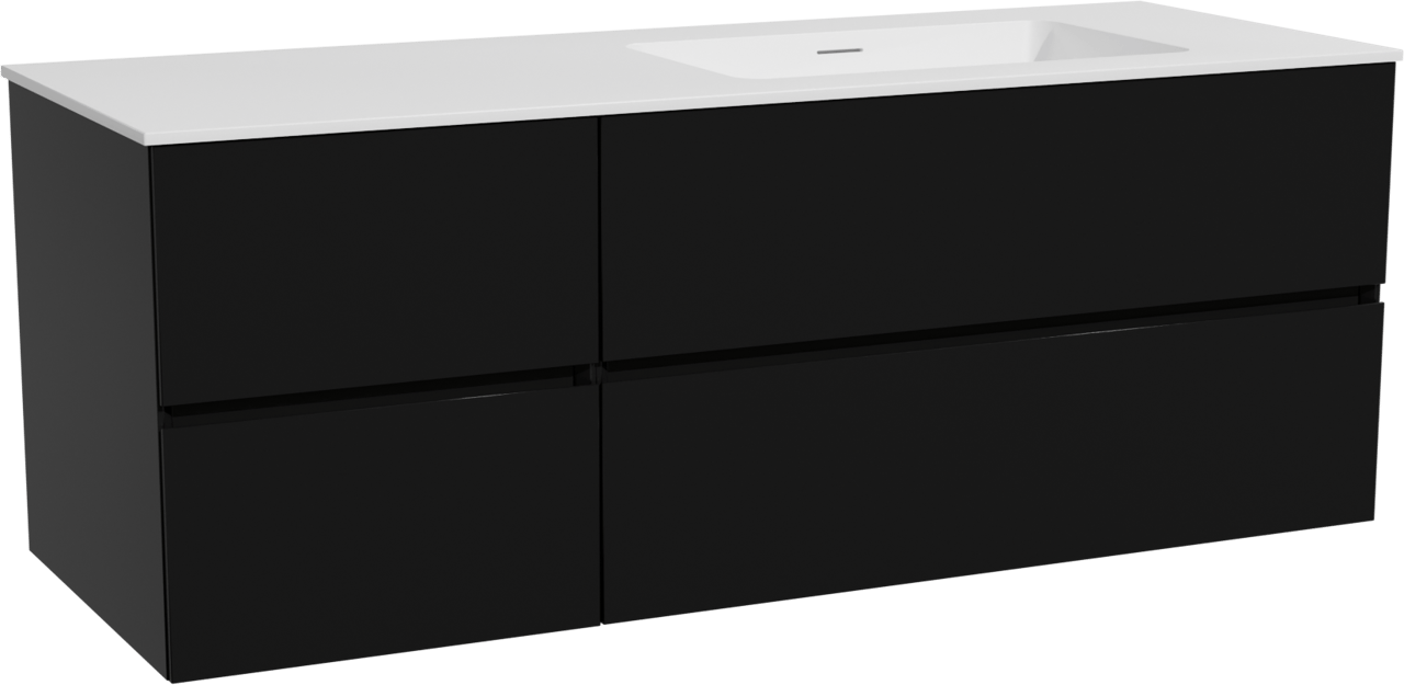 Storke Edge zwevend badkamermeubel 140 x 52 cm mat zwart met Mata asymmetrisch rechtse wastafel in solid surface mat wit