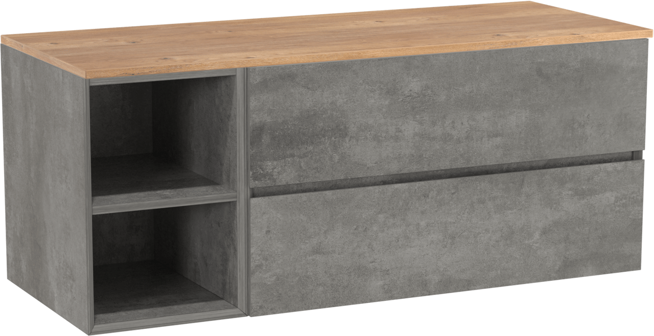 Storke Edge hängendes Möbelstück Set: 130 x 52 cm, Beton dunkelgrau, mit Panton Einzel- oder Doppel Waschtischplatte, Melamin Rohe Eiche