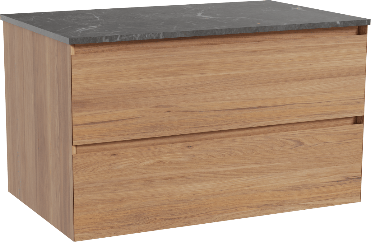 Balmani Mitra hängendes Möbelstück Set: 90 x 55 cm, Teak, mit Stretto Einzel Waschtischplatte, Marmor Pietra Grey