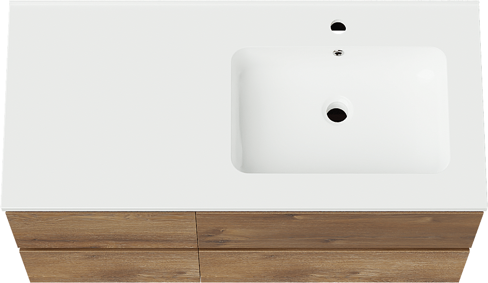 Linie Lado meuble salle de bains suspendu 100 x 46 cm chêne brun avec Vano vasque asymétrique droite en marbre composite blanc brillant