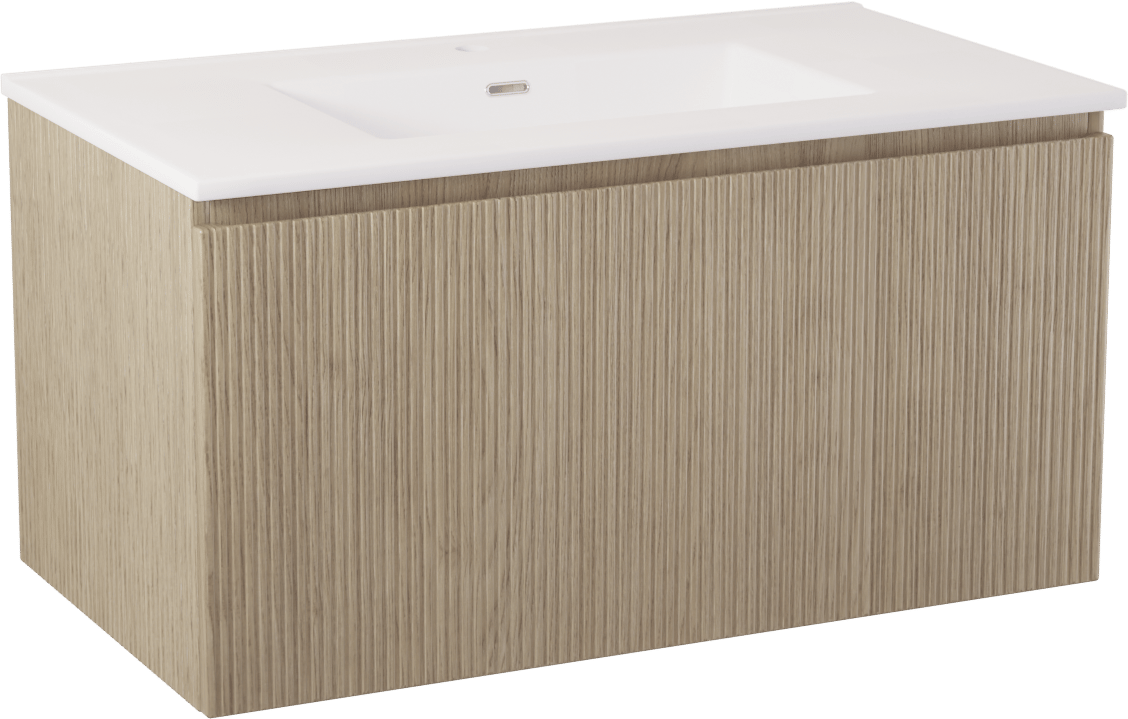 Storke Ribs zwevend badmeubel 95 x 52 cm ruw eiken met Kera enkele wastafel in porselein mat wit, afvoerplug inbegrepen