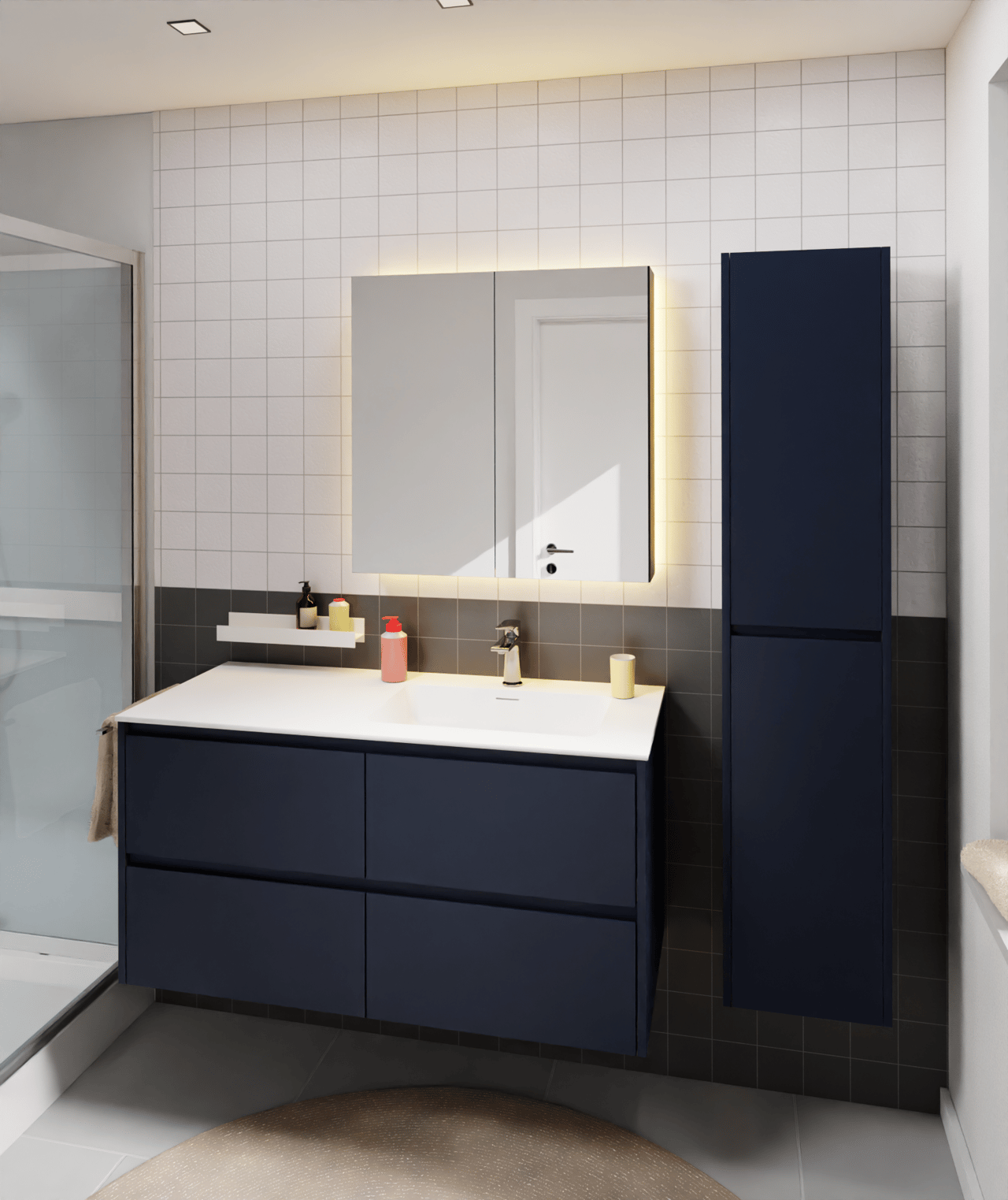 Storke Seda hängender Waschbeckenunterschrank: 120 x 52 cm, Nachtblau, 4 Schubladen