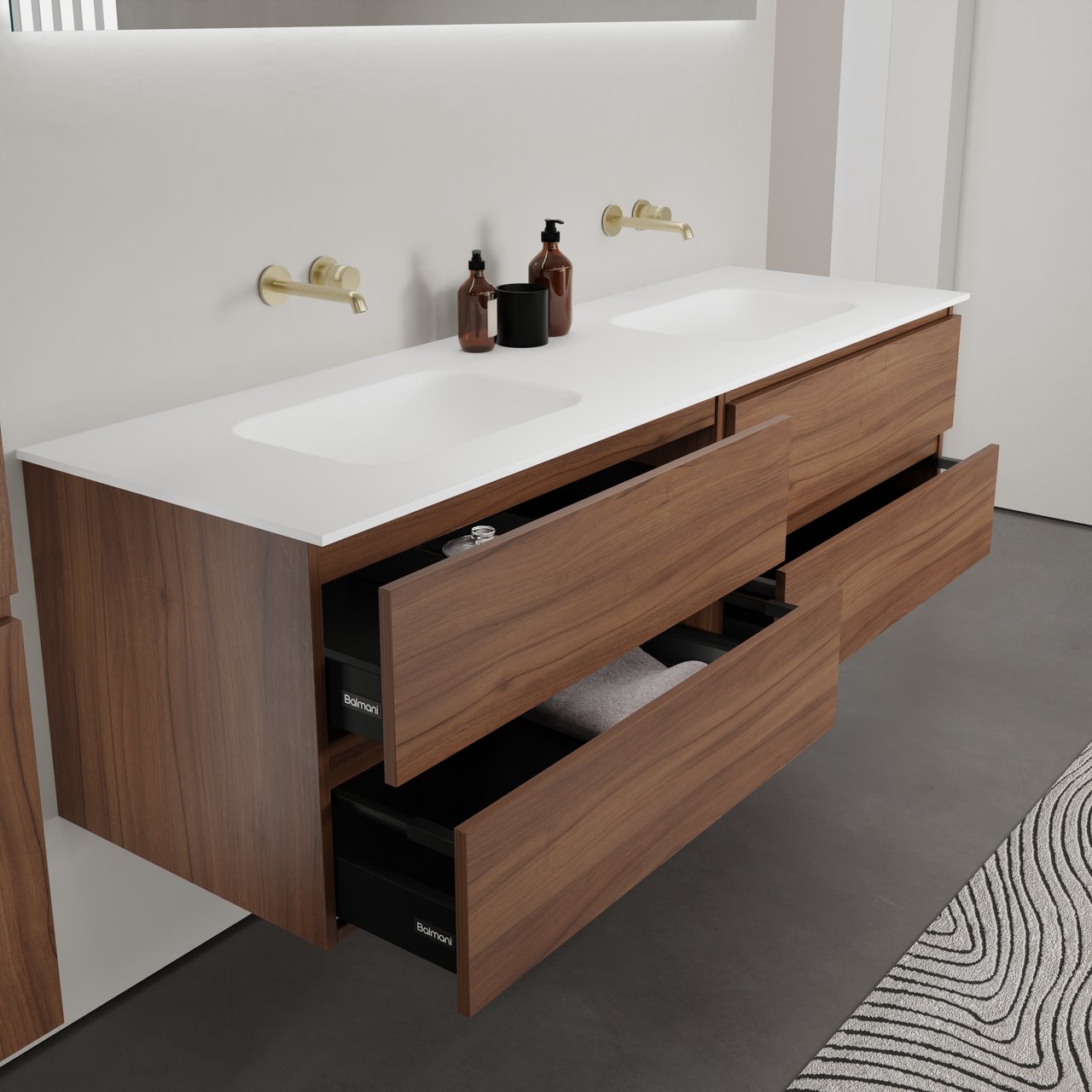 Balmani Lucida hängendes Möbelstück Set: 180 x 55 cm, Amerikanischer Nussbaum, mit Tablo Arcato Doppelwaschtisch, Solid Surface Weiß matt