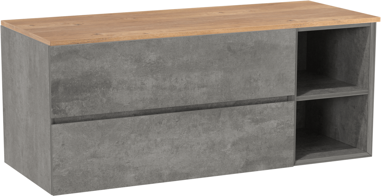 Storke Edge meuble salle de bains suspendu 130 x 52 cm béton gris foncé avec Panton tablette simple ou double en mélaminé chêne brut