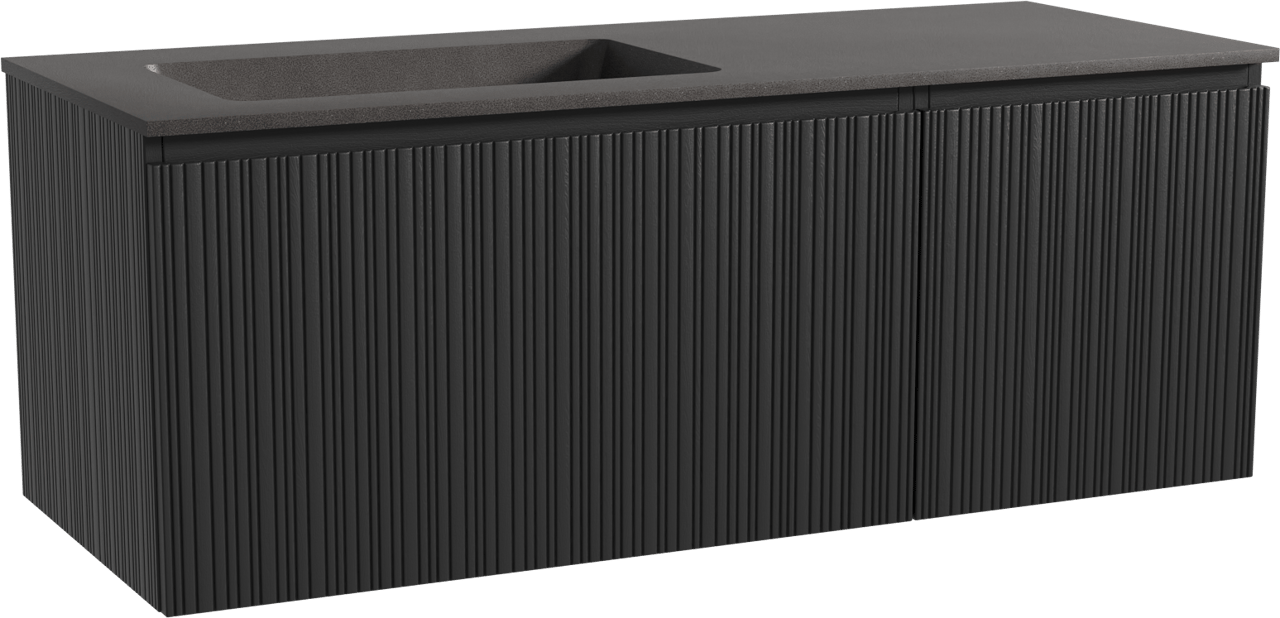 Storke Ribs zwevend badmeubel 130 x 52 cm zwart eiken met Scuro asymmetrisch linkse wastafel in kwarts mat zwart, Verticale asymmetrische rechte ribbel