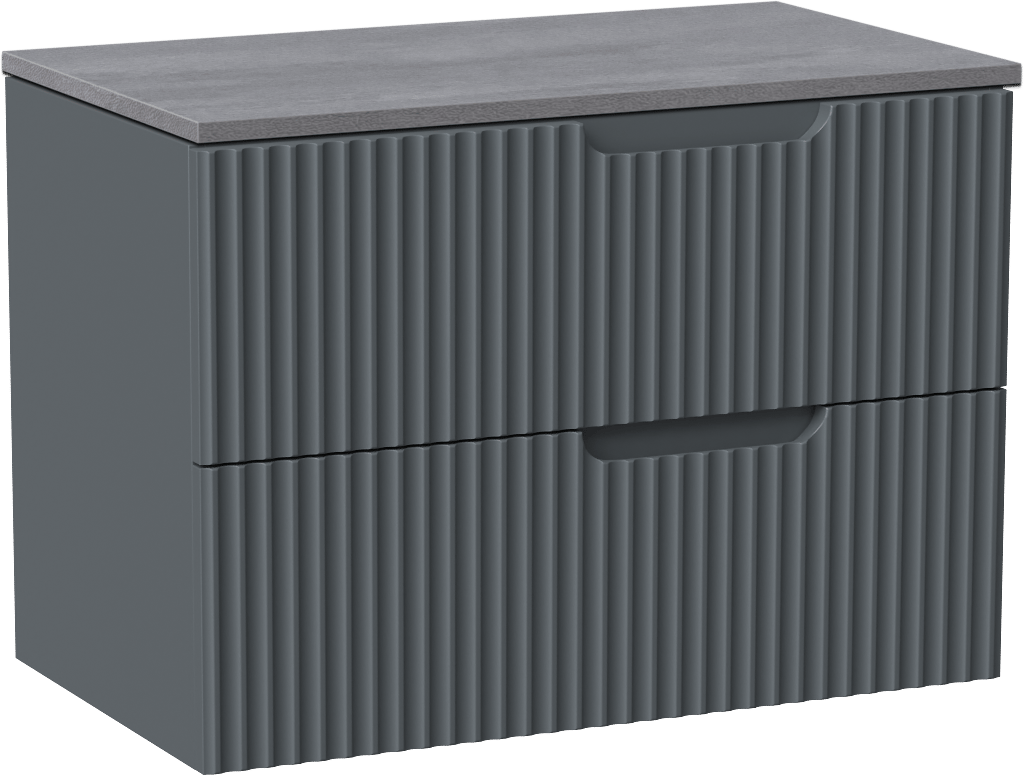 Linie Ribbo zwevend badmeubel 80 x 46 cm blauw antraciet met Lado enkel wastafelblad in melamine beton donkergrijs, Verticale symmetrische ronde ribbel