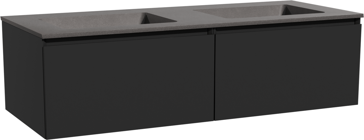 Storke Edge zwevend badkamermeubel 130 x 52 cm mat zwart met Scuro dubbele wastafel in kwarts mat zwart