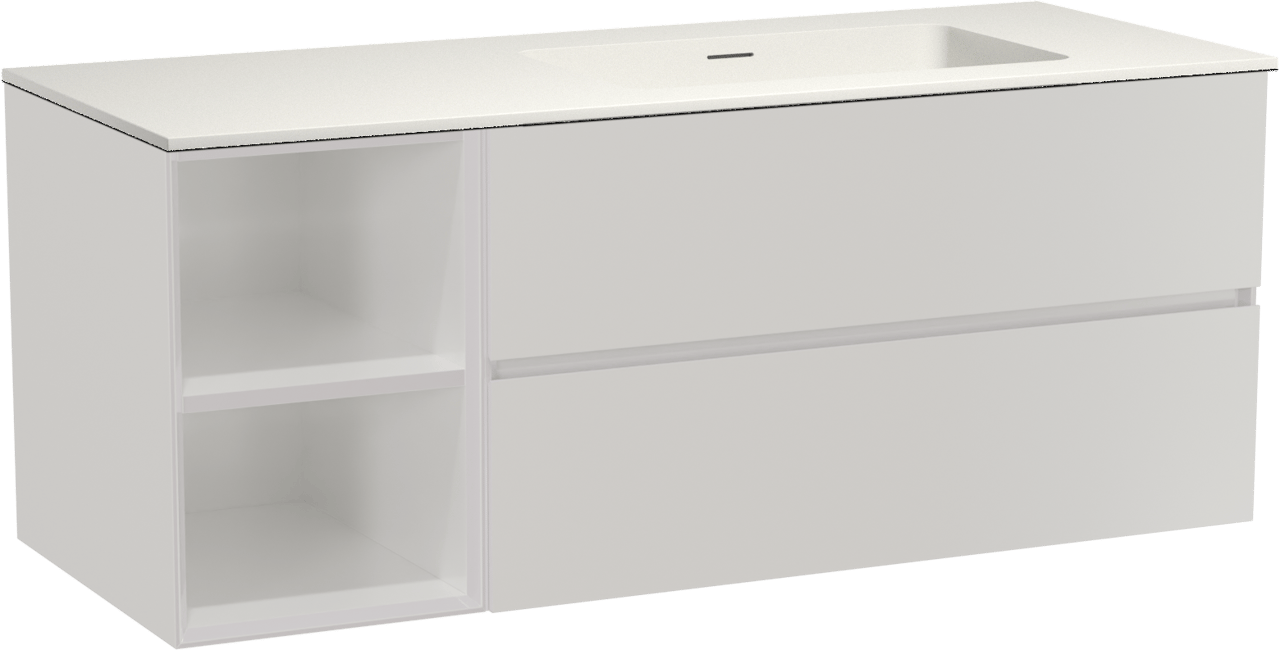 Storke Edge zwevend badmeubel 130 x 52 cm hoogglans wit met Mata asymmetrisch rechtse wastafel in solid surface mat wit