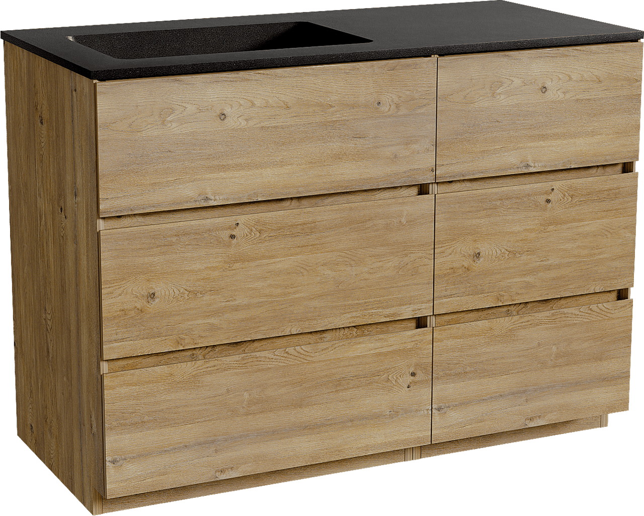 Storke Edge staand badmeubel 110 x 52 cm ruw eiken met Scuro asymmetrisch linkse wastafel in kwarts mat zwart