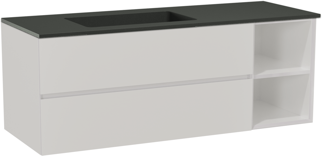 Storke Edge meuble salle de bains suspendu 140 x 52 cm blanc brillant avec Scuro plan vasque asymétrique à gauche en quartz noir mat