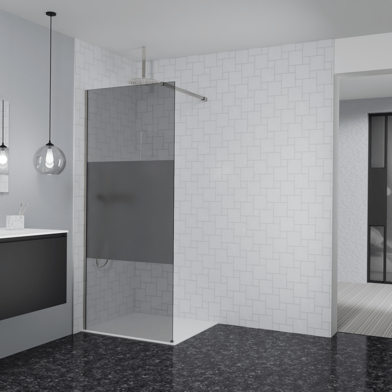 Balmani Modular inloopdouche: 90 x 200 cm, Rookglas met matte strook, Brushed CoolMetal profielen
