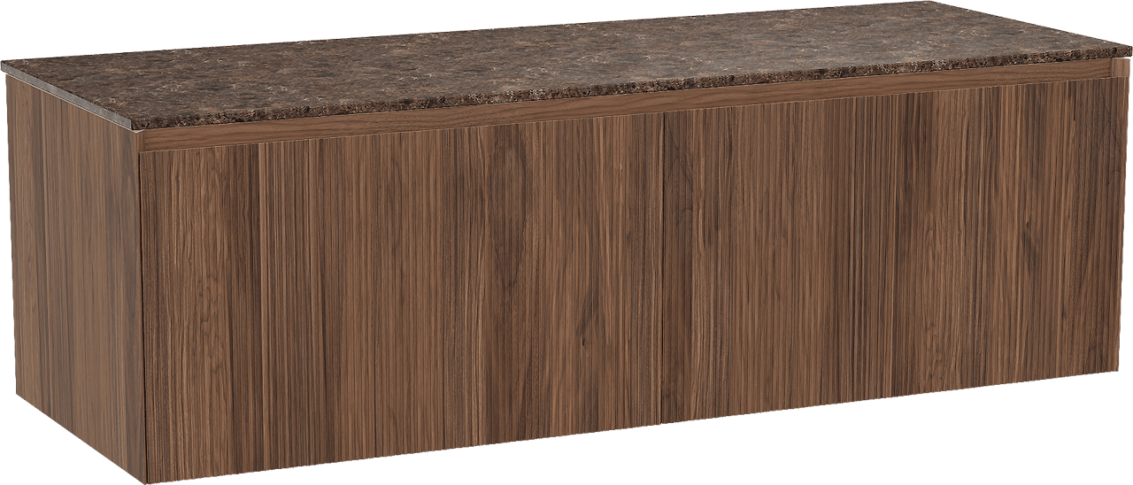 Balmani Fila by Mitra zwevend badmeubel 150 x 55 cm notenhout met Stretto enkel of dubbel wastafelblad in marmer dark emperador, Verticale symmetrische rechte ribbel