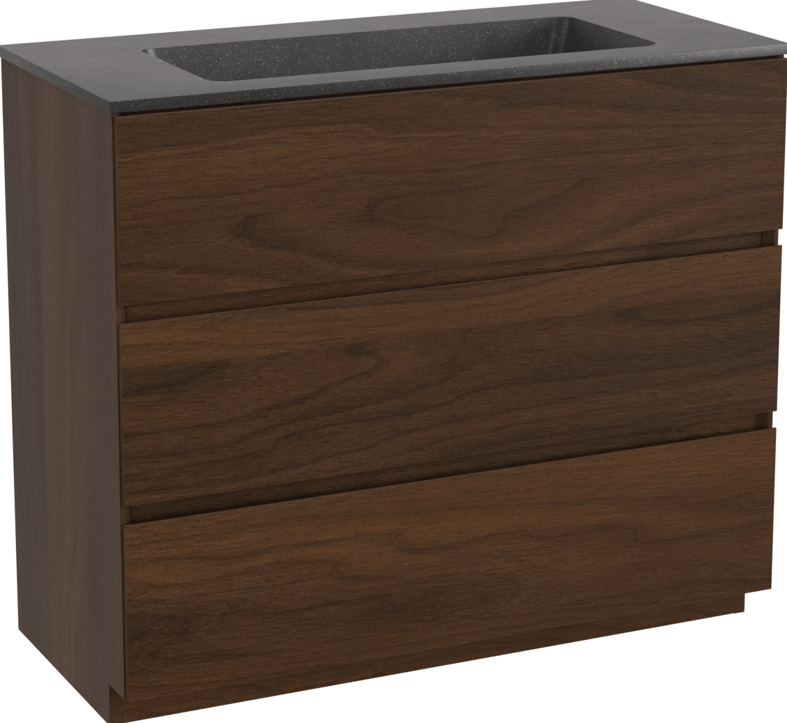 Storke Edge freistehendes Möbelstück Set: 100 x 46 cm, Nussbaum, mit Scuro Einzelwaschtisch, Quarz Schwarz matt