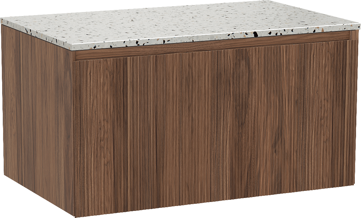 Balmani Fila by Mitra meuble salle de bains suspendu 90 x 55 cm noyer avec Stretto tablette simple en blanc/noir mat terrazzo, Nervure droite symétrique verticale