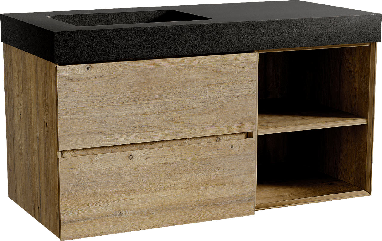 Storke Edge meuble salle de bains suspendu 110 x 52 cm chêne brut avec Scuro High vasque asymétrique gauche en quartz noir mat