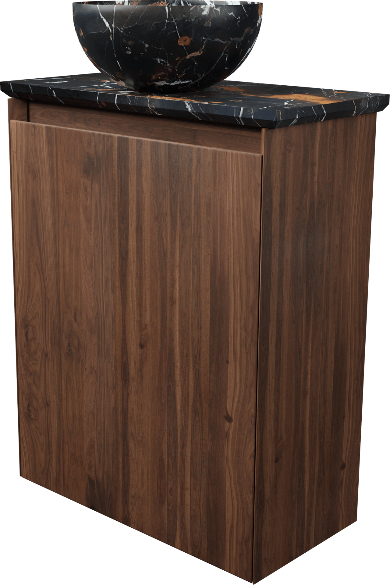 Balmani Mitra meuble wc suspendu 42 x 21 cm noyer américain avec Facetta tablette et Bari XS vaque à poser en marbre Portoro Gold