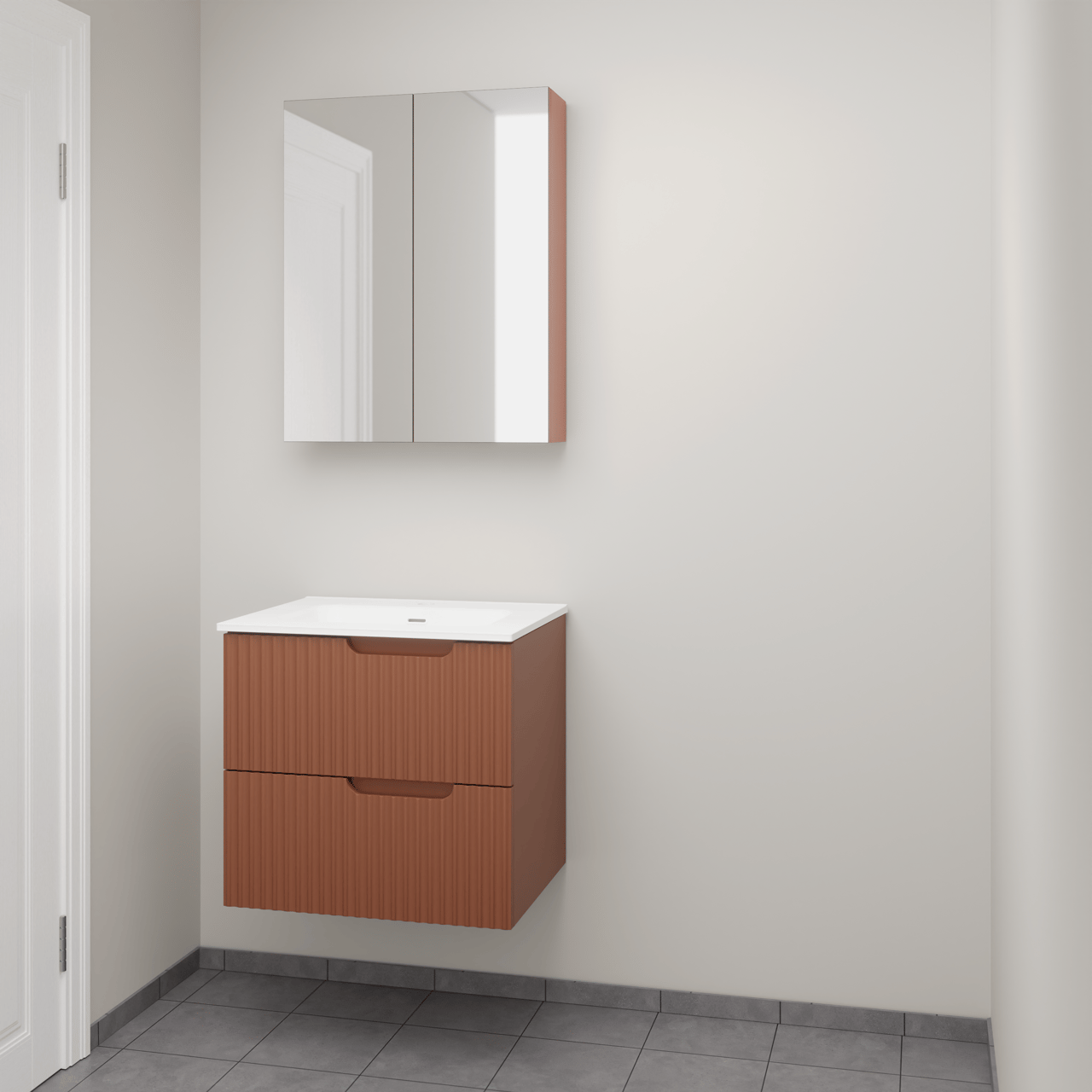 Linie Ribbo zwevend badkamermeubel 60 x 46 cm cotto met Baro enkele wastafel in porselein glanzend wit, Verticale symmetrische ronde ribbel en Montro spiegelkast