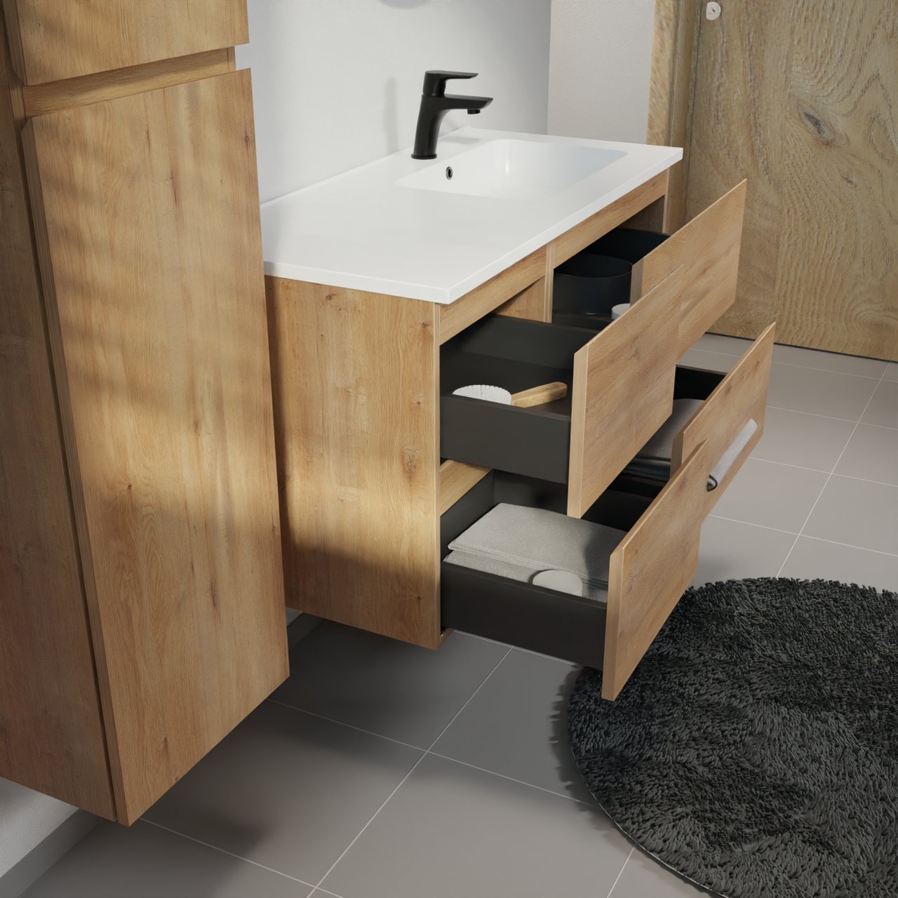 Linie Lado meuble salle de bains suspendu 100 x 46 cm chêne naturel avec Vano vasque asymétrique droite en marbre composite blanc mat