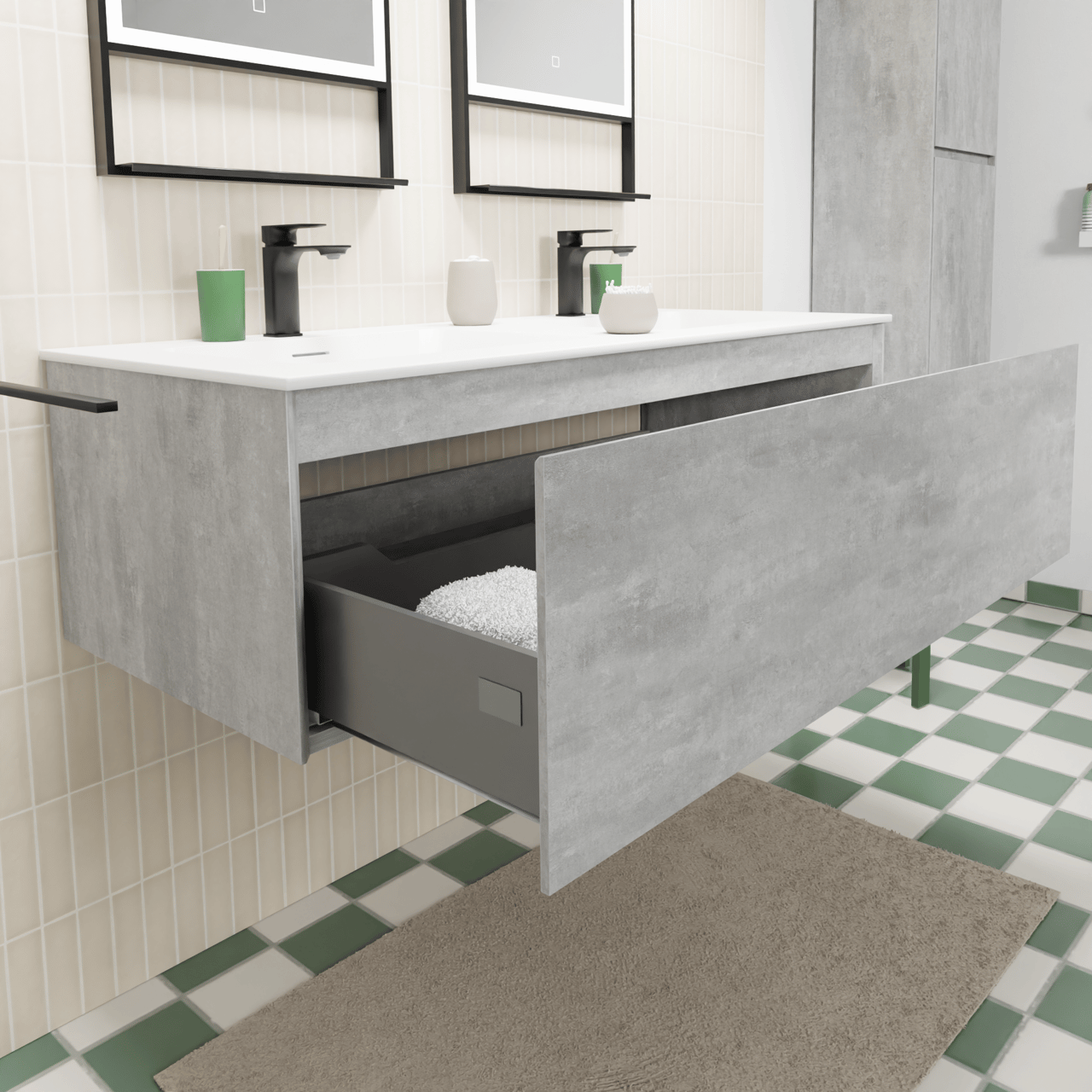 Storke Edge zwevend badkamermeubel 120 x 52 cm beton donkergrijs met Mata dubbele wastafel in solid surface mat wit