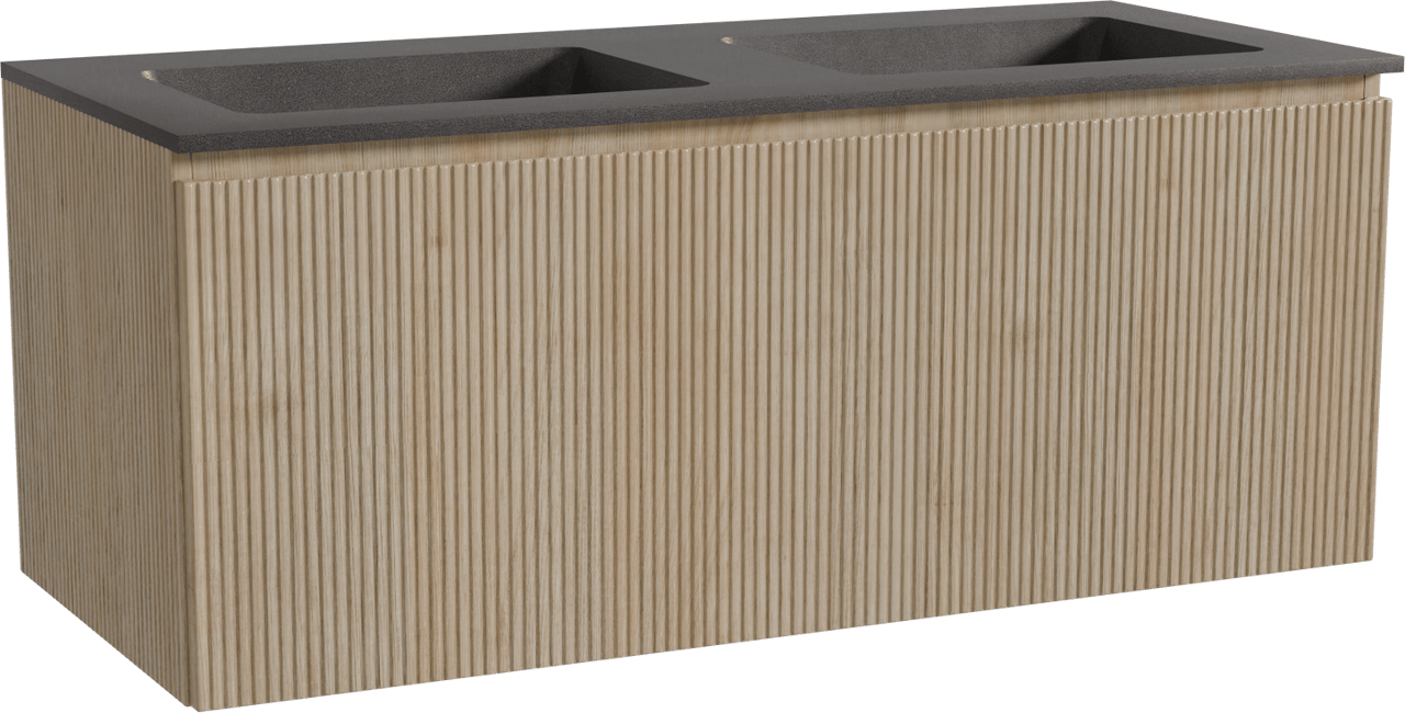 Storke Ribs hängendes Möbelstück Set: 120 x 52 cm, Rohe Eiche, mit Scuro Doppelwaschtisch, Quarz, Schwarz matt, Vertikale symmetrische gerade Rippe