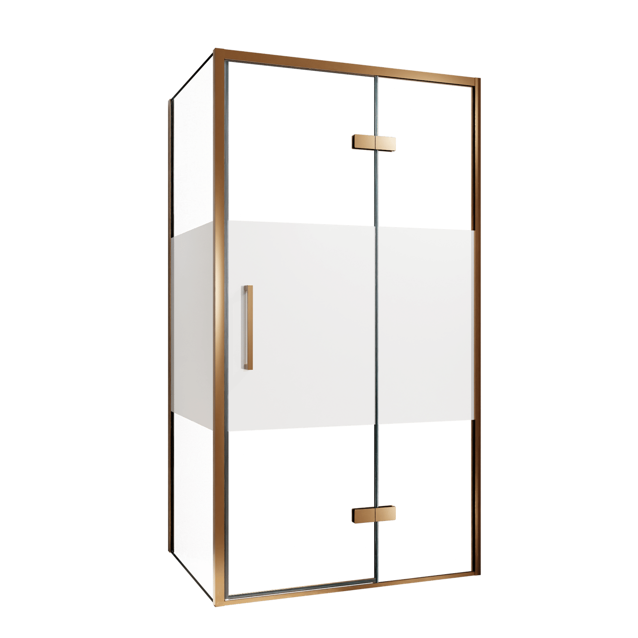 Balmani Senses Design douche en coin avec porte pivotante à droite et paroi latérale fixe, 100 x 90 cm, Verre transparent avec bande matte, Profil Brushed Rosegold, coating inclus