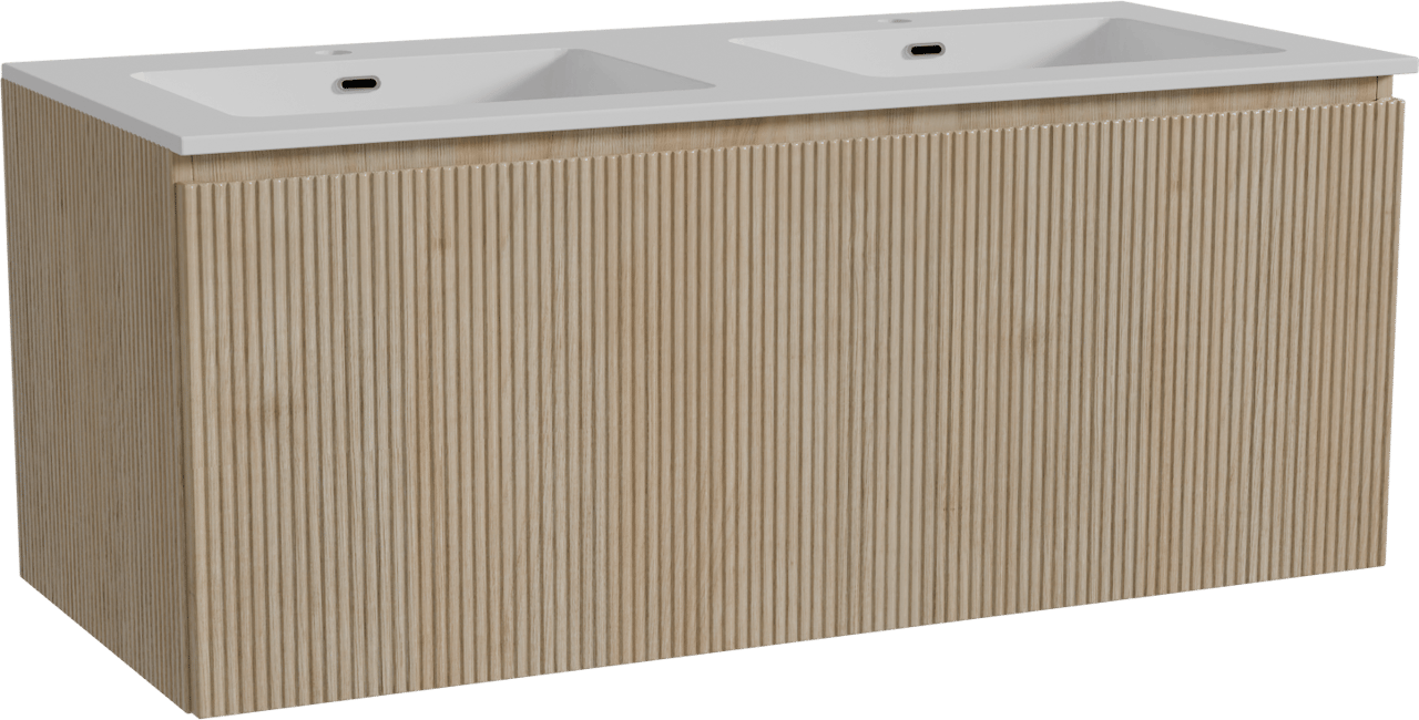 Storke Ribs meuble salle de bains suspendu 120 x 52 cm chêne brut avec Diva double vasque en marbre composite blanc brillant, Nervure droite symétrique verticale