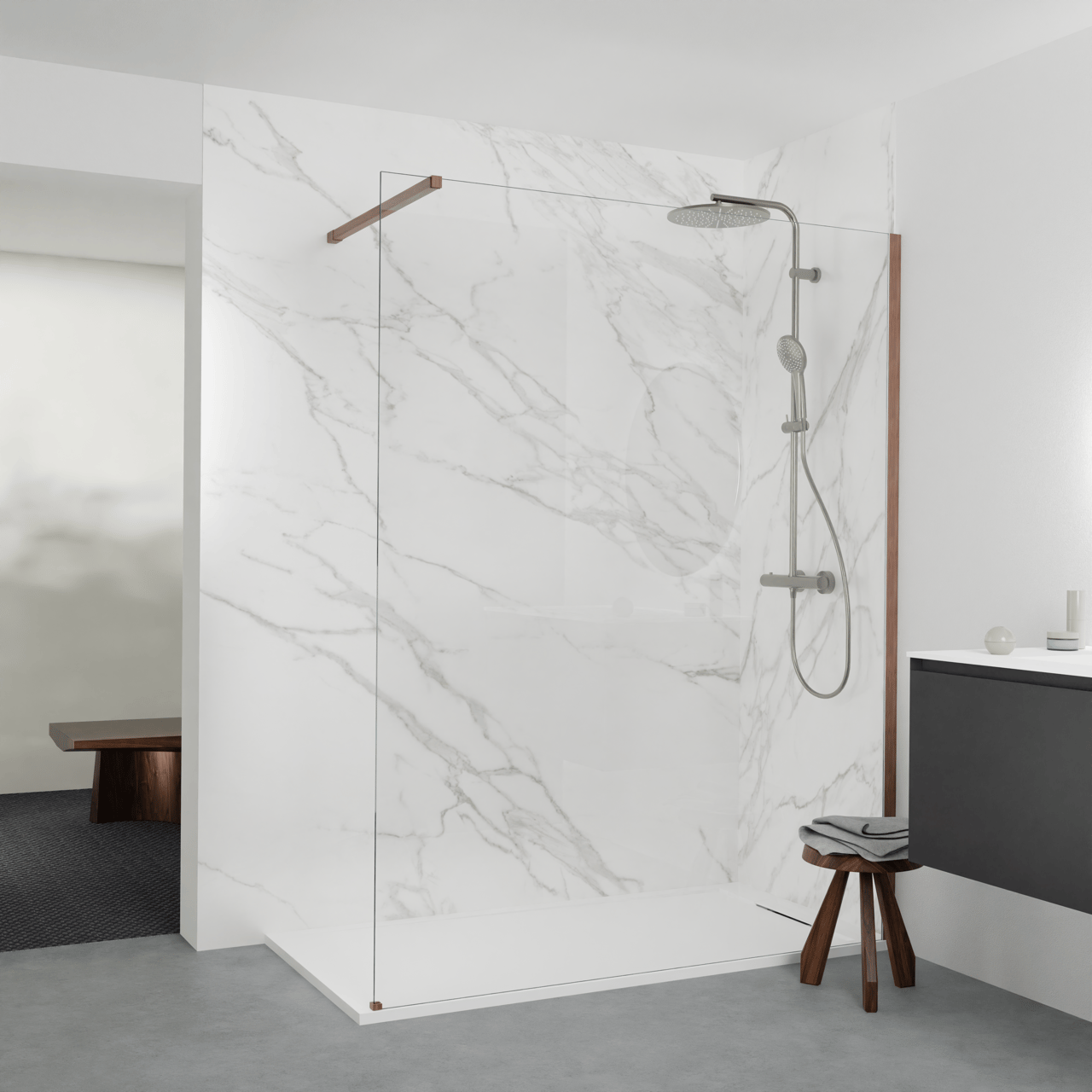 Balmani Modular inloopdouche 160 x 200 cm helder glas houtmotief notelaar profiel, met coating