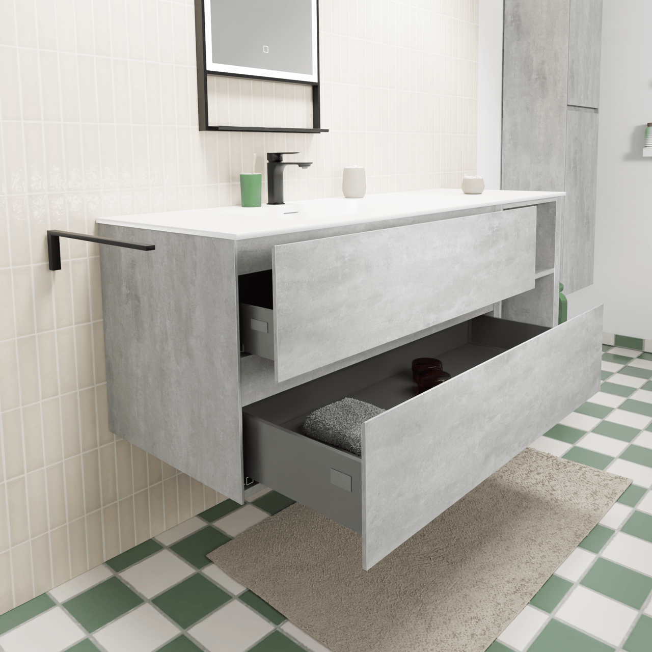Storke Edge zwevend badkamermeubel 150 x 52 cm beton donkergrijs met Mata asymmetrisch linkse wastafel in solid surface mat wit