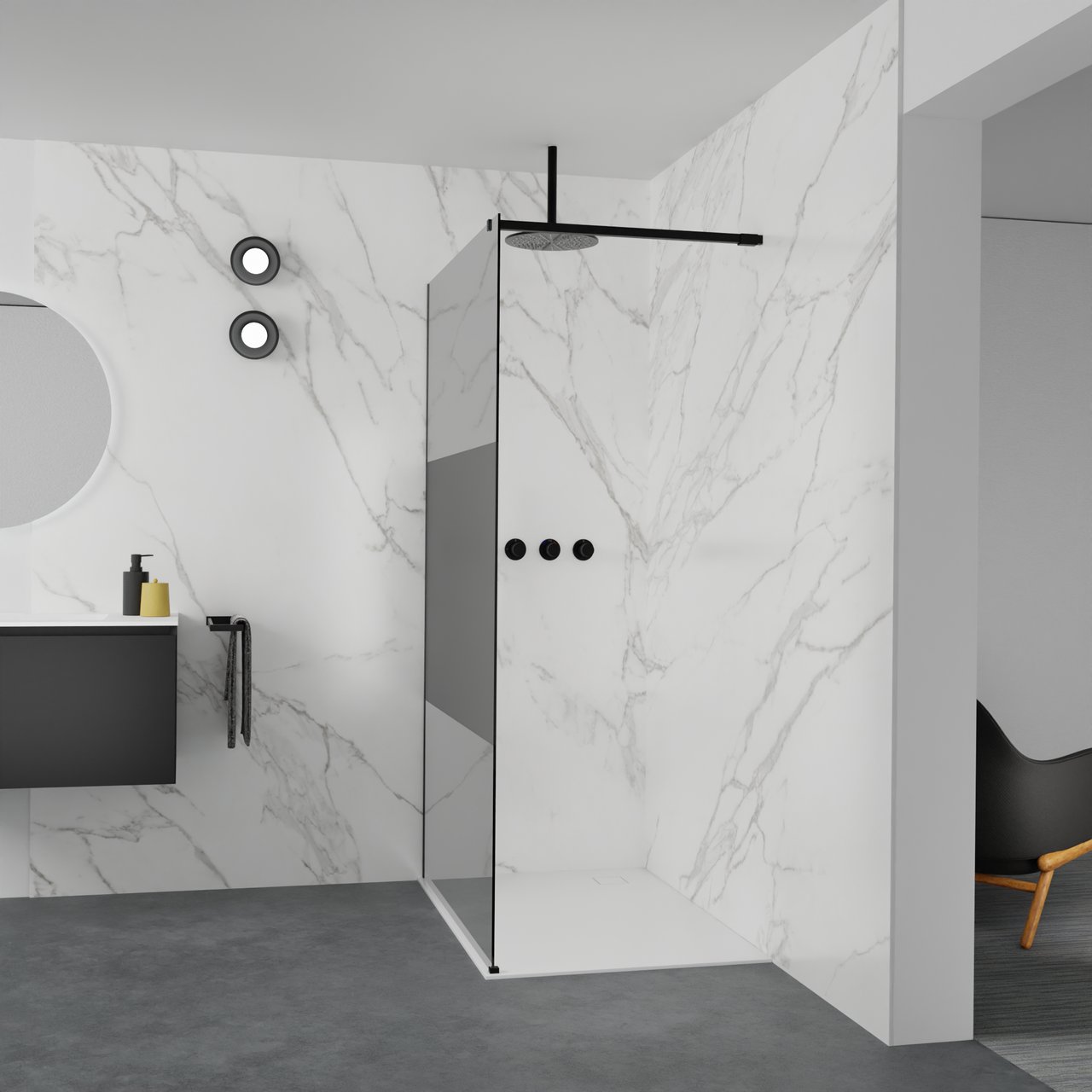 Balmani Modular inloopdouche: 120 x 200 cm, Rookglas met matte strook, Mat zwarte profielen