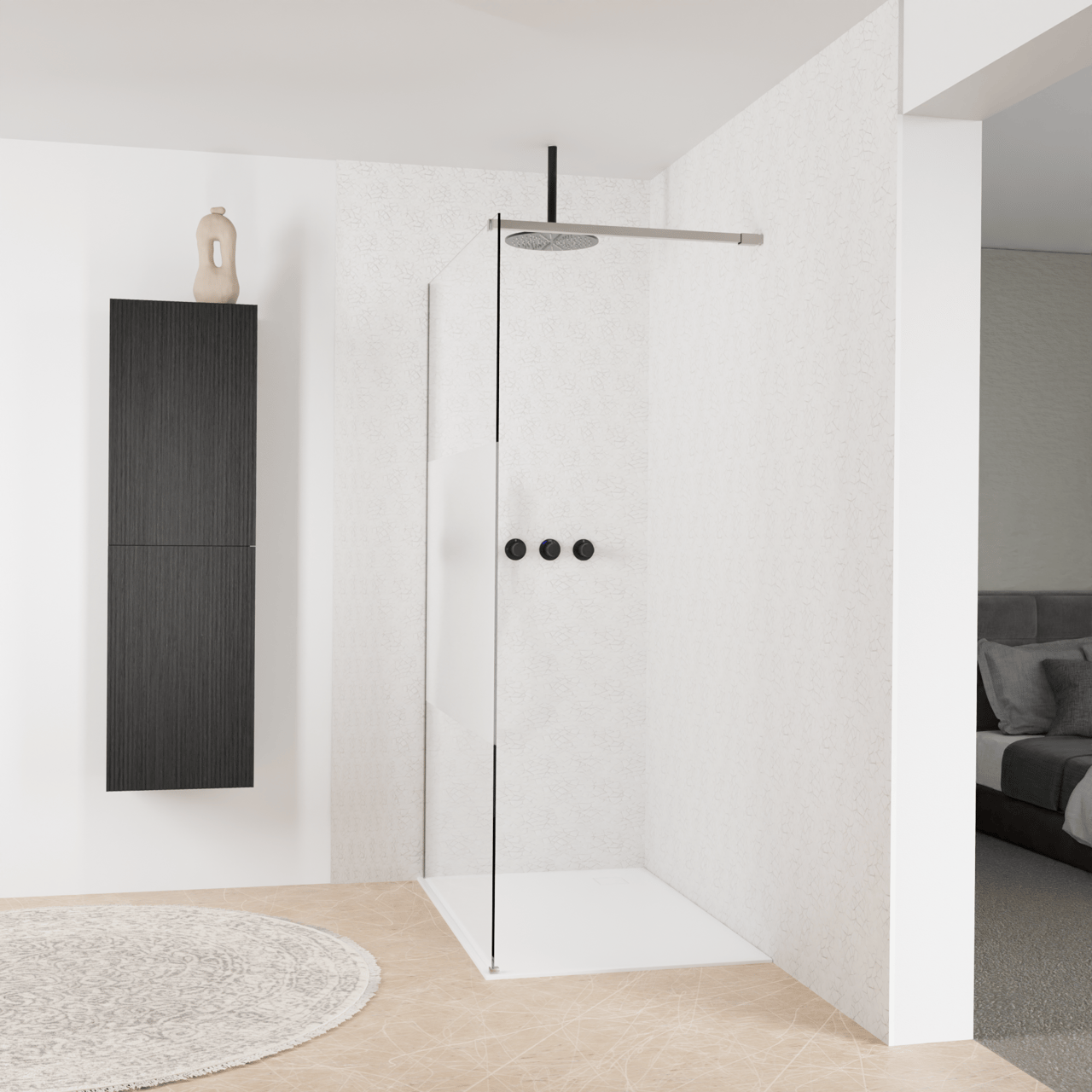 Balmani Modular douche à l'italienne: 120 x 200 cm, Verre transparent avec bande mate, Profil Brushed Inox
