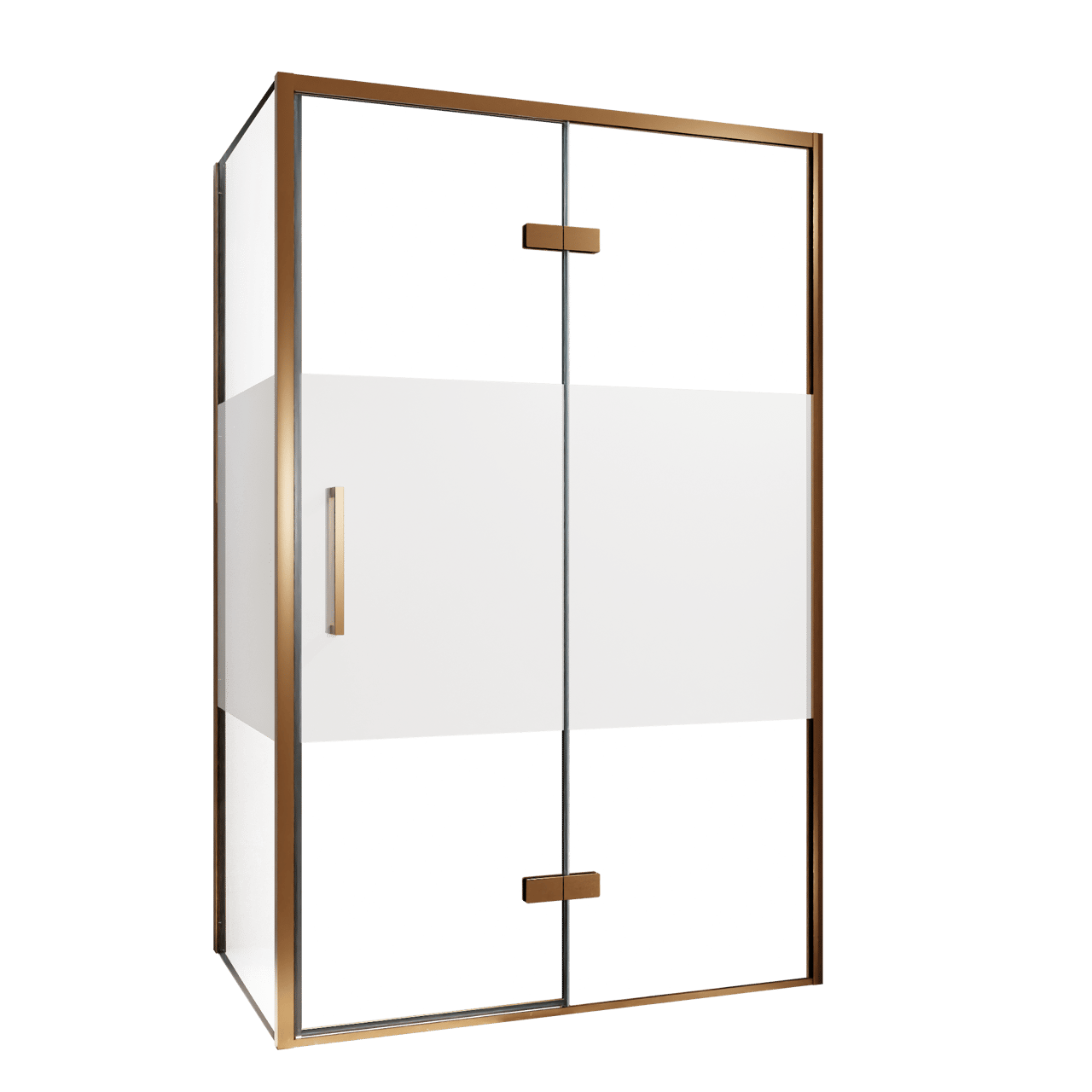 Balmani Senses Design douche en coin avec porte pivotante à droite et paroi latérale fixe, 120 x 90 cm, Verre transparent avec bande matte, Profil Brushed Rosegold
