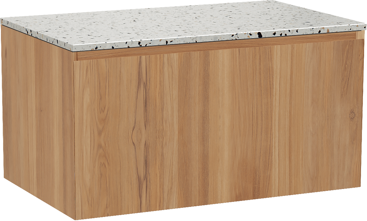 Balmani Idra by Mitra hängendes Möbelstück Set: 90 x 55 cm, Teak, mit Stretto Einzel Waschtischplatte, Terrazzo in Weiß/Schwarz matt