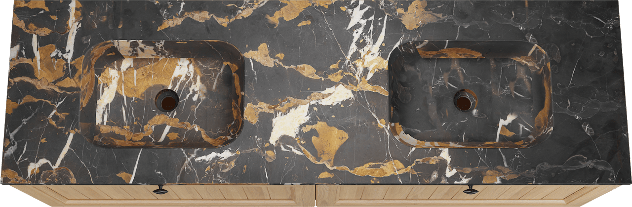 Balmani Lemon zwevend badkamermeubel 180 x 55 cm, fineer natuur eik met Tablo Arcato dubbele wastafel in portoro gold