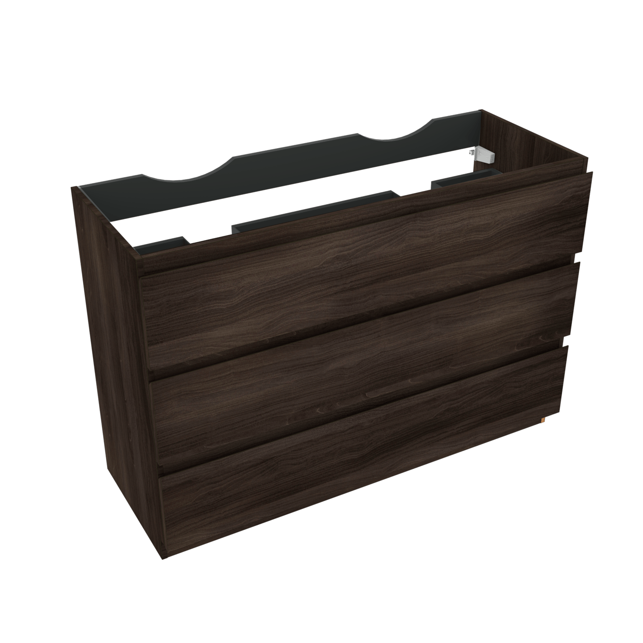 Linie Lado staande wastafelonderkast 120 x 46 cm donkere notenhout 3 lades 2 sifonuitsparingen