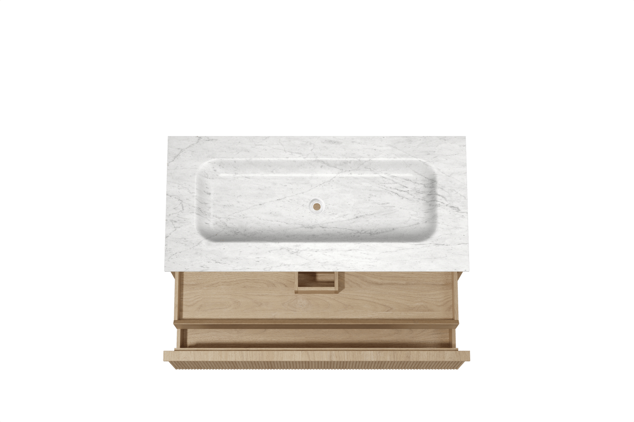 Balmani Forma zwevend badmeubel 120 x 55 cm naturel eiken met Tablo Arcato enkele wastafel in marmer carrara, Verticale symmetrische rechte ribbel