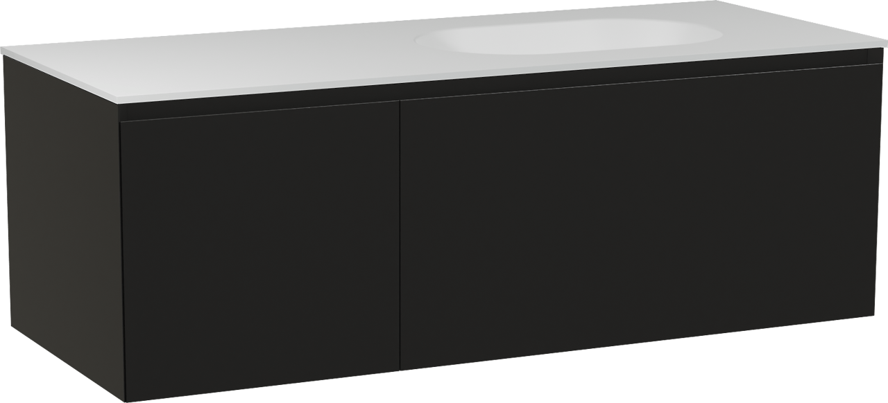 Balmani Idra by Mitra meuble salle de bains suspendu 135 x 55 cm noir mat avec Tablo Oval plan vasque asymétrique à droite en solid surface blanc mat