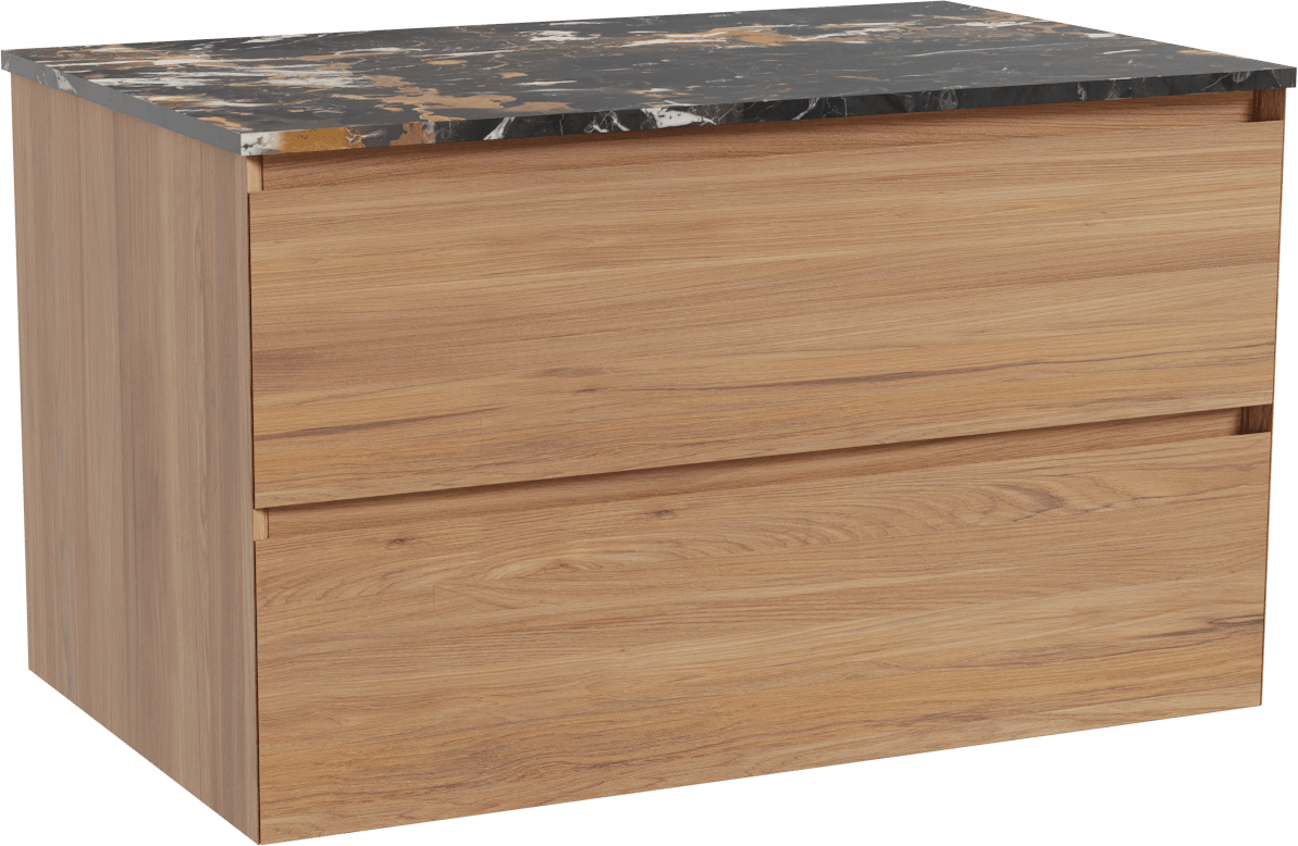 Balmani Mitra zwevend badkamermeubel 90 x 55 cm teak met Stretto enkel tablet in marmer portoro gold