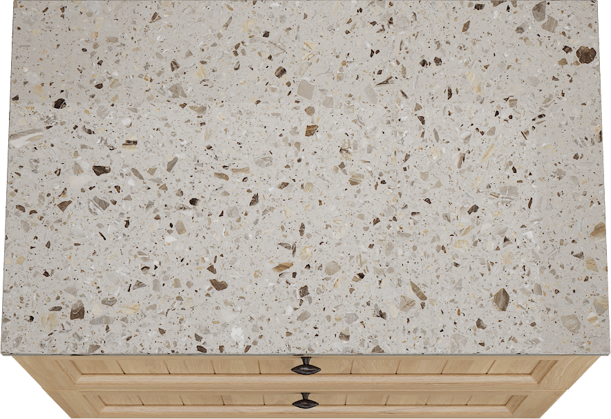 Balmani Lemon freistehendes Möbelstück Set: 90 x 55 cm, Naturbelassene Eiche Furnier, mit Stretto Einzel Waschtischplatte, Terrazzo in Greige