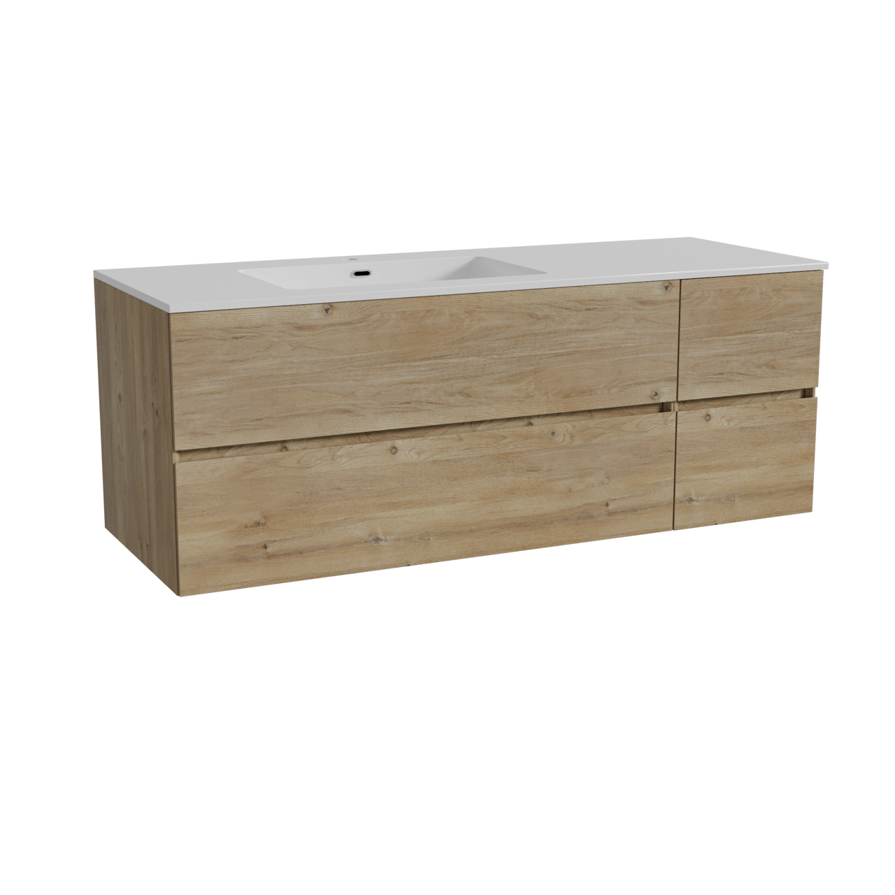 Storke Edge meuble salle de bains suspendu 140 x 52 cm chêne brut avec Diva plan vasque asymétrique à gauche en marbre composite blanc brillant