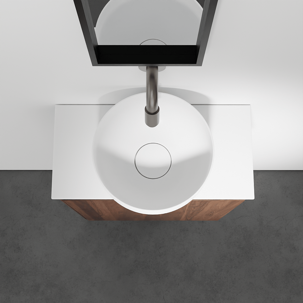Balmani Mitra meuble wc suspendu 42 x 21 cm noyer américain avec Facetta tablette et Bowl vaque à poser en Solid Surface mat