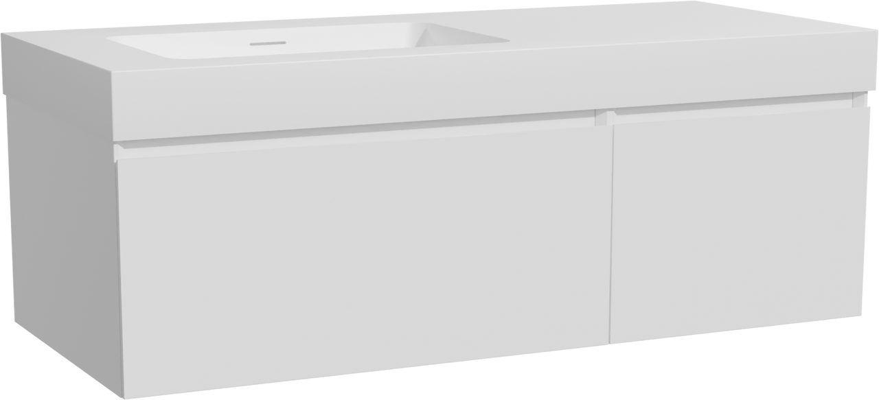 Storke Edge meuble salle de bains suspendu 120 x 52 cm blanc mat avec Mata High plan vasque asymétrique à gauche en solid surface blanc mat