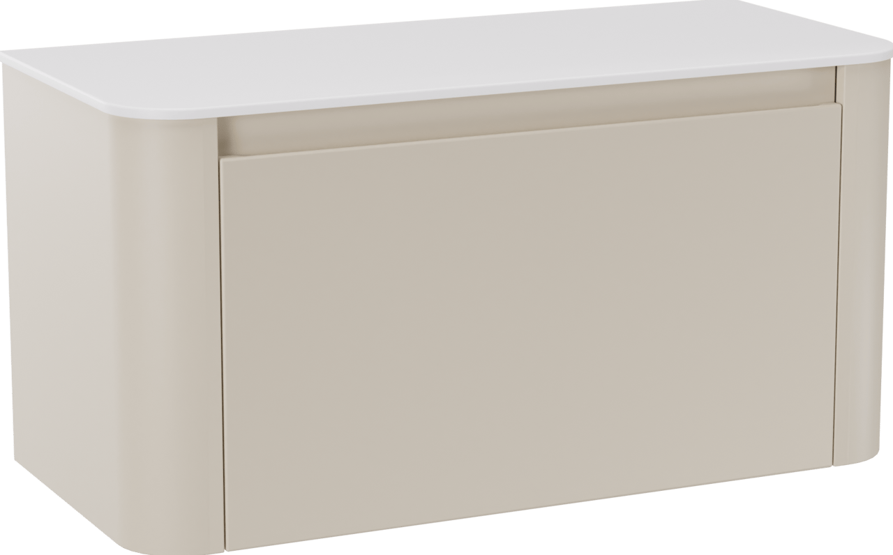 Storke Soft hängendes Möbelstück Set: 100 x 46 cm, Sand Matt, mit Tavola Soft Einzelwaschtischplatte Solid Surface Weiβ matt